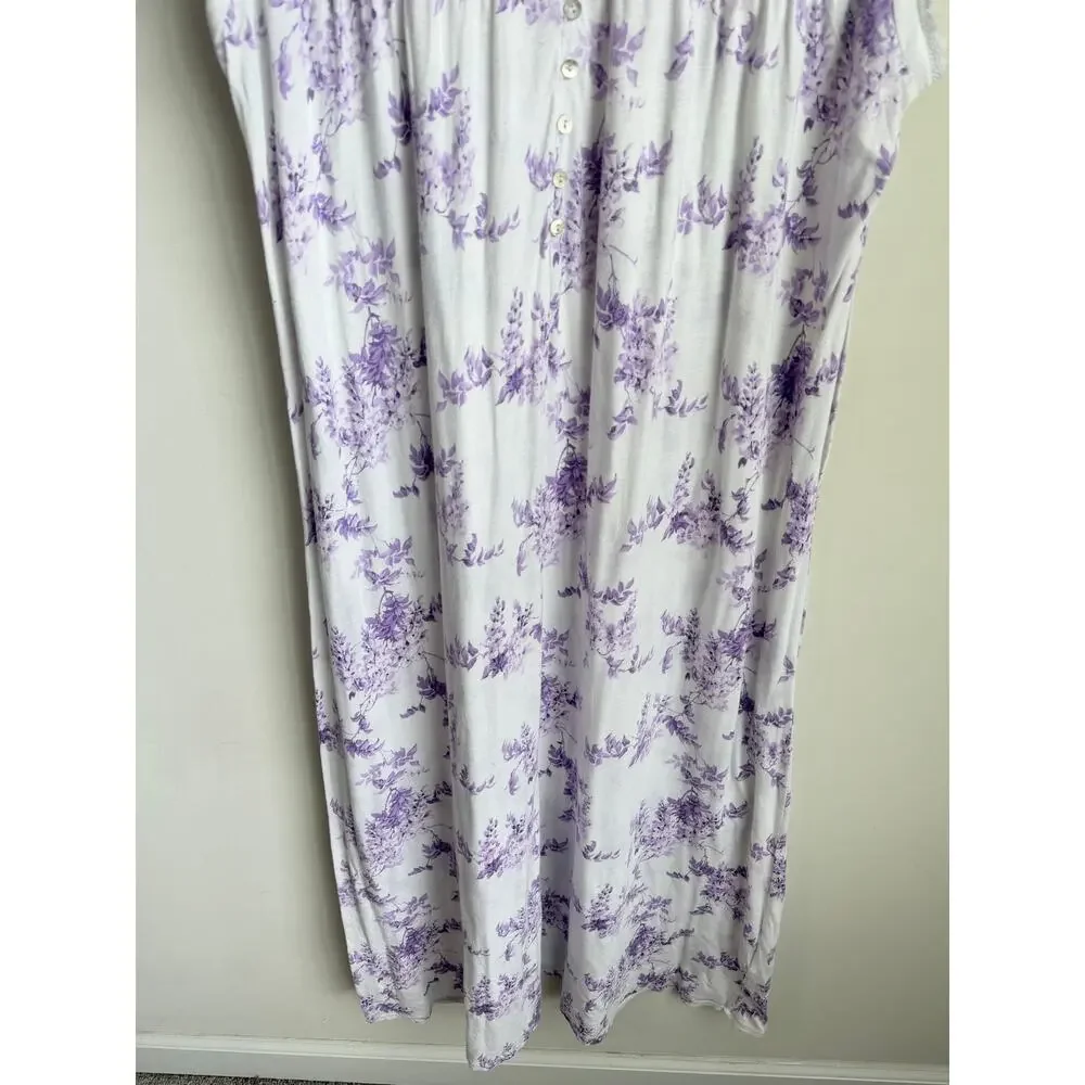 Eileen West Wisteria Cap Sleeve V-Neck Nightgown White Purple Women's Large